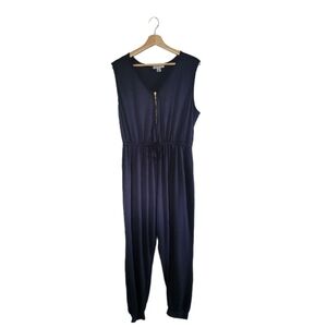 MAJORA Navy Blue Sleeveless Jumpsuit Drawstring Waist Zip Front Womens XL